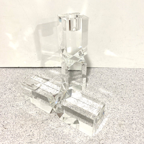 Vintage 1980s Oleg Cassini Lexington Crystal Candlestick Holders Clear Geometric - Picture 5 of 11